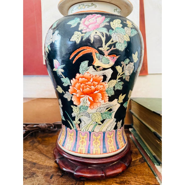 Vintage Chinese Famille Noire with Floral Birds Ginger Jar Table Lamps - Pair For Sale - Image 4 of 12
