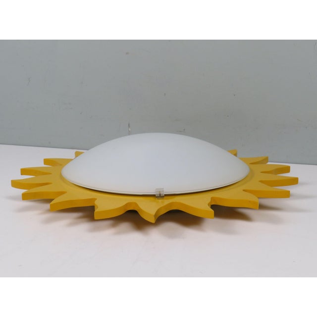 Mid-Century Modern Sun-Shaped Ceiling Lamp in Opaline Glass and Yellow Lacquered Wood from Massive, Belgium, 1970s For Sale - Image 3 of 13