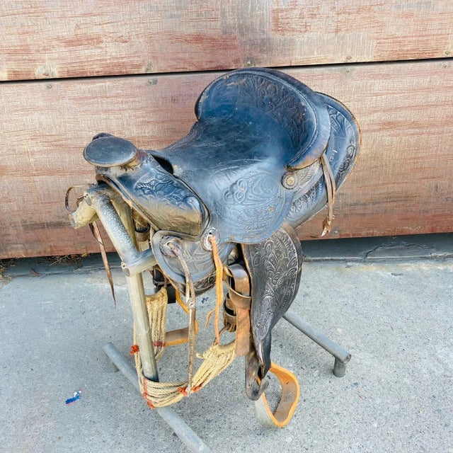 Farmhouse Vintage Mid 20th Century Decorative Leather Horse Saddle With Stand For Sale - Image 3 of 13