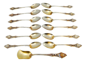 Teaspoons and Sugar Shovel in Gilded Silver with Applications and Handle Reliefs, Set of 12