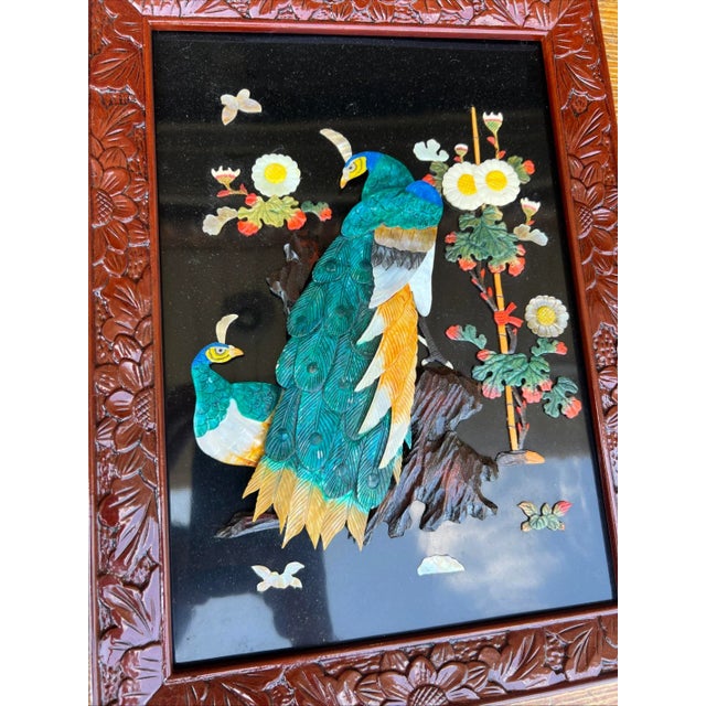Vintage Chinese Carved Shell and Lacquer Peacock WallHang Artwork, Circa 1950’s For Sale - Image 12 of 18