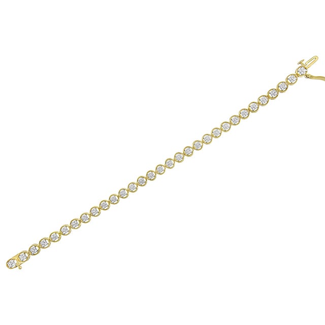 Early 21st Century 14K Yellow Gold Plated .925 Sterling Silver 1/10 Cttw Diamond Open Circle Beaded Wheel Link Tennis Bracelet (I-J Color, I3 Clarity) - 7.25" For Sale - Image 5 of 6