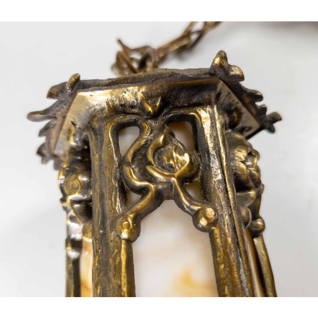 Brass 20th Century Arts & Crafts Brass and Slag Glass Gothic Tudor Revival Pendant Light For Sale - Image 8 of 15