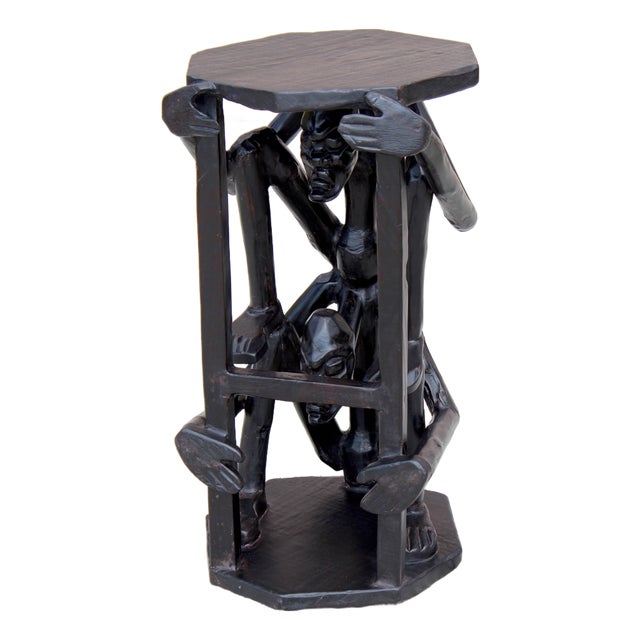 Vintage African Figural Side Table – Hand-Carved Sculptural Pedestal, Tribal Art Accent Table, Dark Hardwood For Sale