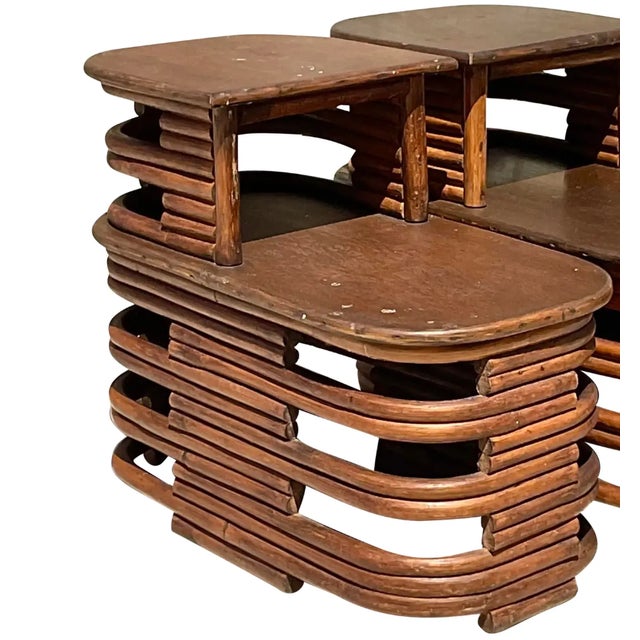 Mid 20th Century Vintage Coastal Paul Frankl Stacked Rattan Side Tables - a Pair For Sale - Image 11 of 12