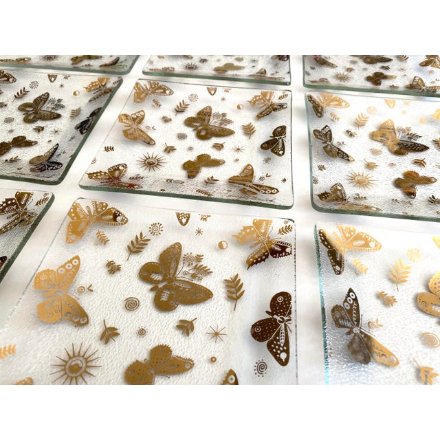 Gold Vintage 1960's Mid Century Modern Georges Briard Gold Leaf Butterflies Glass Canape Hors d'Oeuvre Square Plates - Set of 9 For Sale - Image 8 of 12