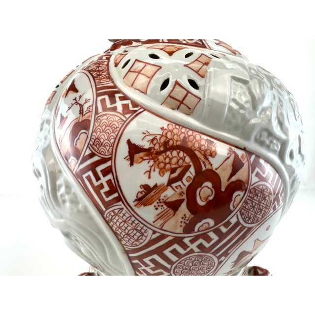 Japanese Vintage Mid 20th Century Japanese Imari-Style Porcelain Lidded Incense Burner With Foo Dog Finial For Sale - Image 3 of 12