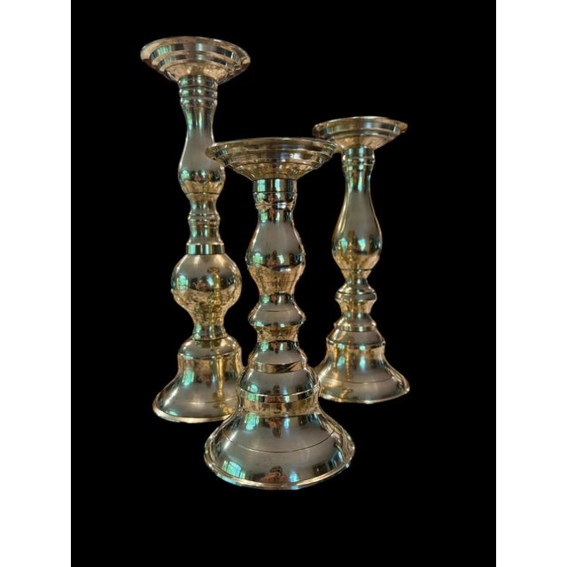 1980s Polished Brass Candlesticks Set of 3 For Sale - Image 5 of 12