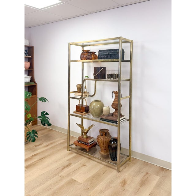 Metal Vintage Milo Baughman Style Brass Tone Etagere Shelf Vintage Hollywood Regency For Sale - Image 7 of 17