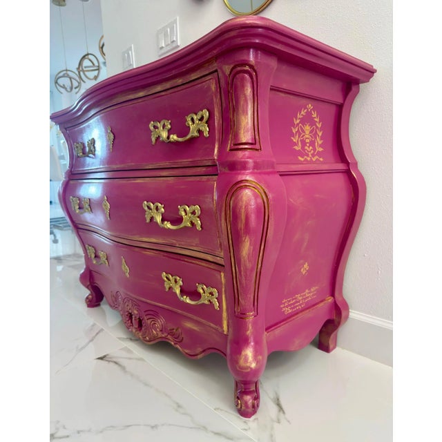 Hand-Painted Rococo Revival Chest in Magenta and Gold For Sale - Image 4 of 10