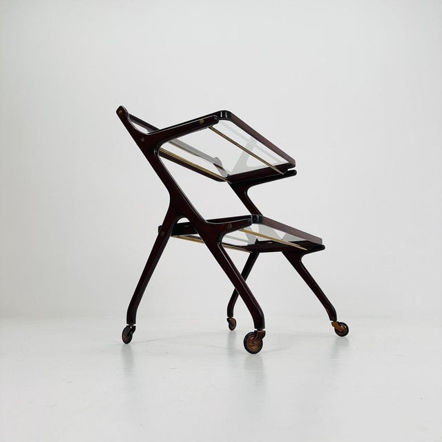 Mid-Century Italian Serving Trolley in Wood and Glass by Cesare Lacca, 1950s For Sale - Image 3 of 11