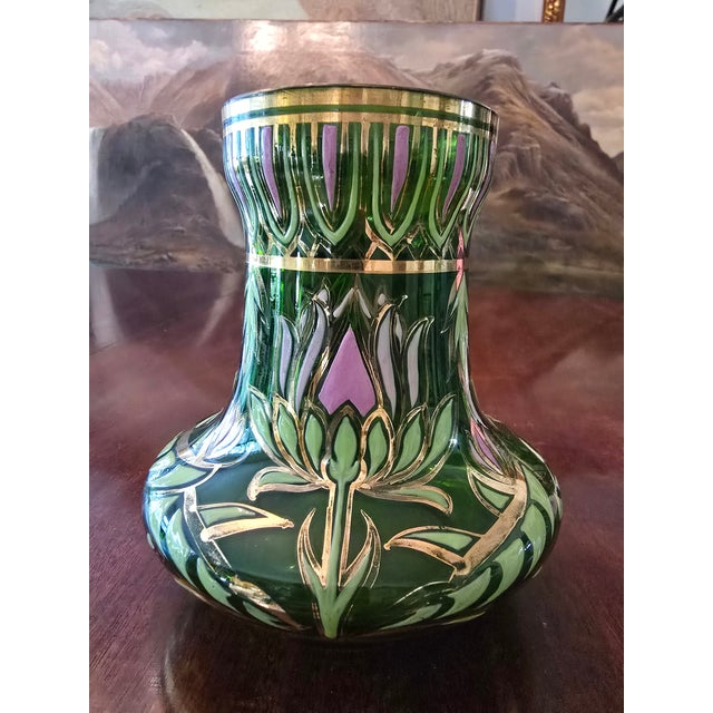 A museum quality antique moser bohemian glass vase in a rare emerald green celdon jade crystal color ( guaranteed 100...