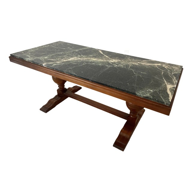 Mid 20th Century Unique Marble and Wood French Inspired Trestle Console/Libaray/Coffee/Cocktail/Display Table Great Vintage Condition For Sale