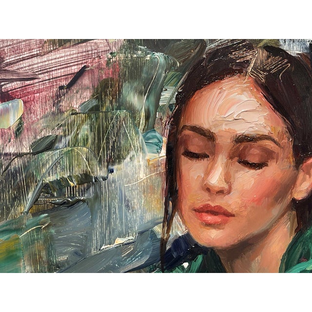 In Repose by Matt Talbert | Oil on panel of a woman sitting at a table in a green outfit For Sale - Image 4 of 5
