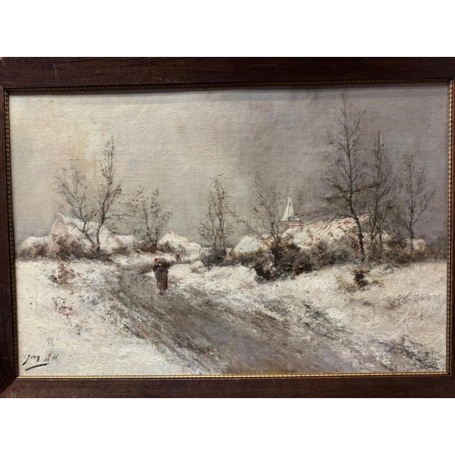 1990s Hill Jean, Belgium Winter Landscape Man Alone Church in the Background, 1916, Oil on Canvas For Sale - Image 5 of 13
