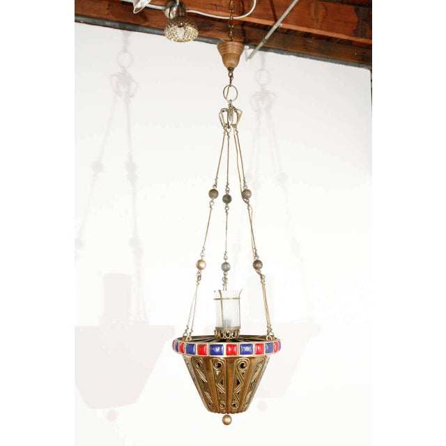 Spanish Revival Brass Pendant With Red & Blue Enamel Detailing For Sale - Image 10 of 10