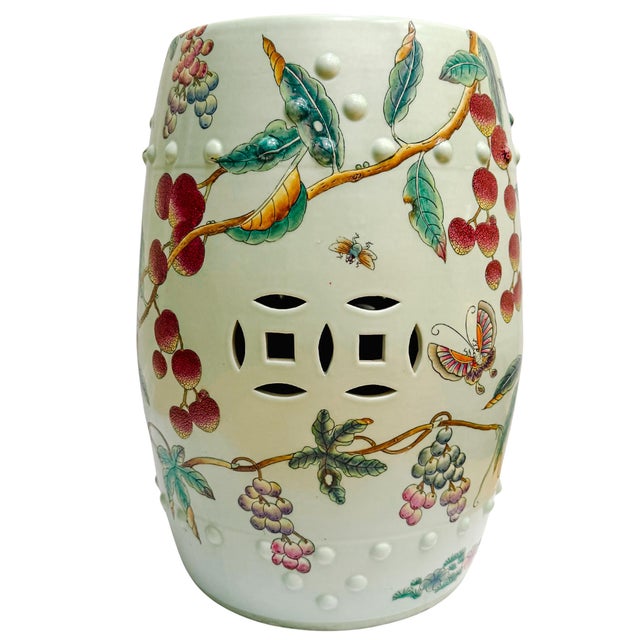 Vintage Hand-Painted Famille Rose Lychee & Grape Porcelain Garden Stool For Sale - Image 4 of 8