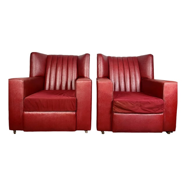 Antique Art Deco Red Club Chairs, 1930s, Set of 2 For Sale