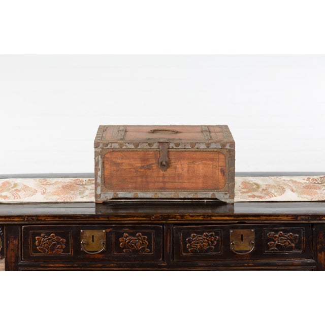 19th Century Indian Wooden Box with Brass Details and Distressed Patina For Sale - Image 4 of 11