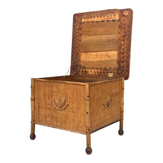 Vintage Boho Chic Rattan & Cane Storage Basket Chest For Sale