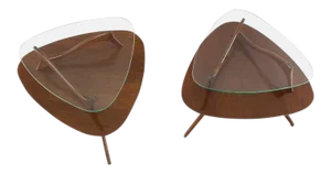 Mid-Century Modern Round Triangular Tri Legged Two-Tier Side Tables - a Pair