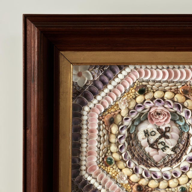 Large impressive antique British colonial sailors valentine handcrafted in exotic seashells ambitiously arranged around a...