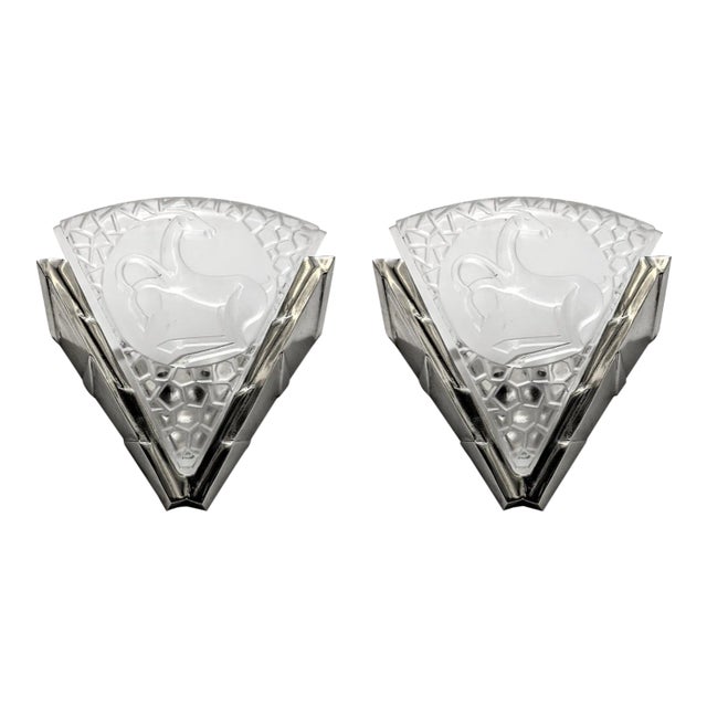 1930s French Art Deco Antelope Wall Sconces by Degue - a Pair For Sale