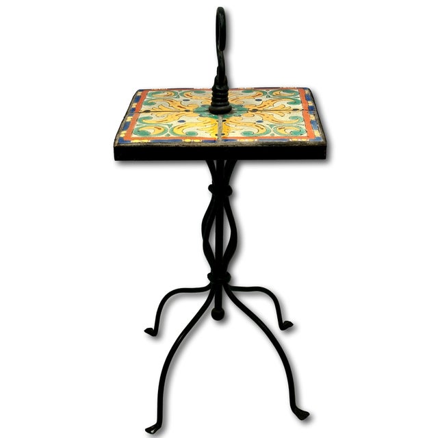 Rare Vintage 1920s California Catalina Island Art Pottery Tile & Hand Wrought Iron Patio Stand - AccentTable For Sale - Image 15 of 18