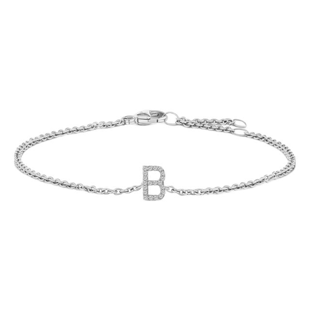 10K White Gold Diamond Accent "B" Initial Charm and Link Bracelet For Sale