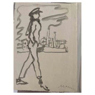 Mino Maccari, Figure with Industrial Landscape, Watercolor Drawing, 1960s For Sale