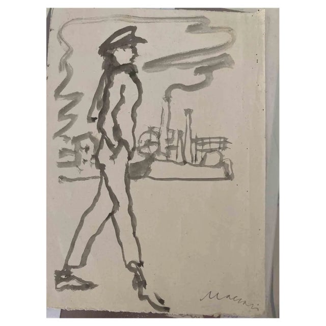 Mino Maccari, Figure with Industrial Landscape, Watercolor Drawing, 1960s For Sale