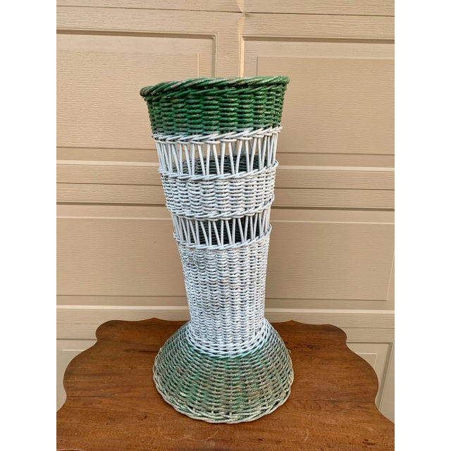 Antique Painted Wicker Umbrella Basket With Green and White Surface For Sale - Image 11 of 12