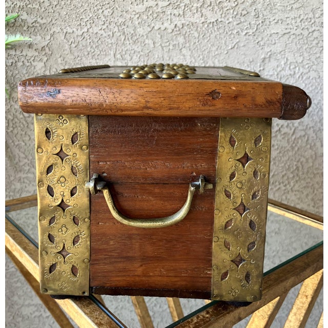 Mid 20th‑Century Spanish Colonial-Style Hand Hewn Walnut Wood & Brass Accent Box For Sale - Image 4 of 18