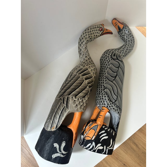 Early 20th Century Hand Carved and Painted Wooden Goose Sculptures - A Pair For Sale - Image 10 of 12