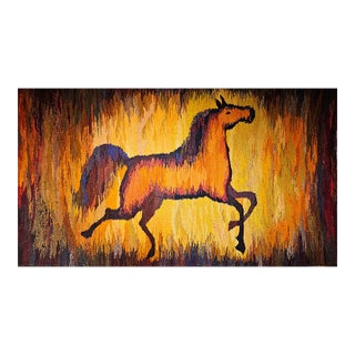 Vintage Mid-Century Handwoven Wool Tapestry, Galloping Horse Design, Yellow & Brown, 38” X 68” For Sale
