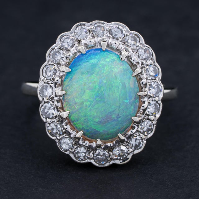 Art Deco Vintage Australian Opal Diamond Halo Ring 14k White Gold Circa 1910 Size 5.25 For Sale - Image 3 of 11