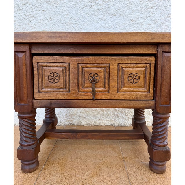 1930s Spanish Carved Wood Side Table With Geometric Decoration and Spiral Legs For Sale - Image 13 of 13