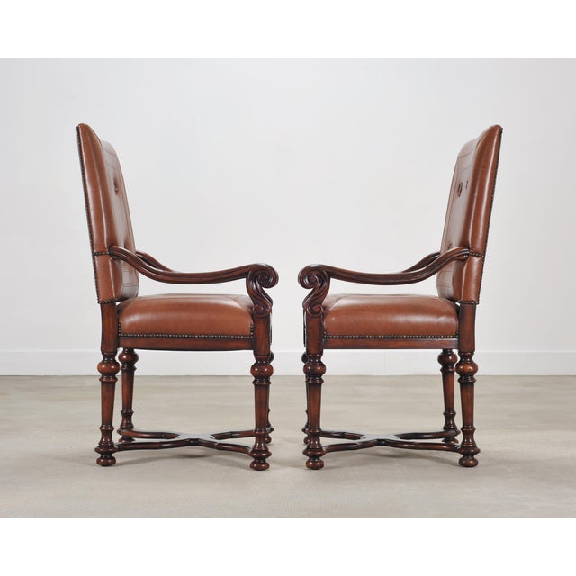 Pair of Louis XIII Baroque Style Mahogany Leather Armchairs For Sale - Image 9 of 18