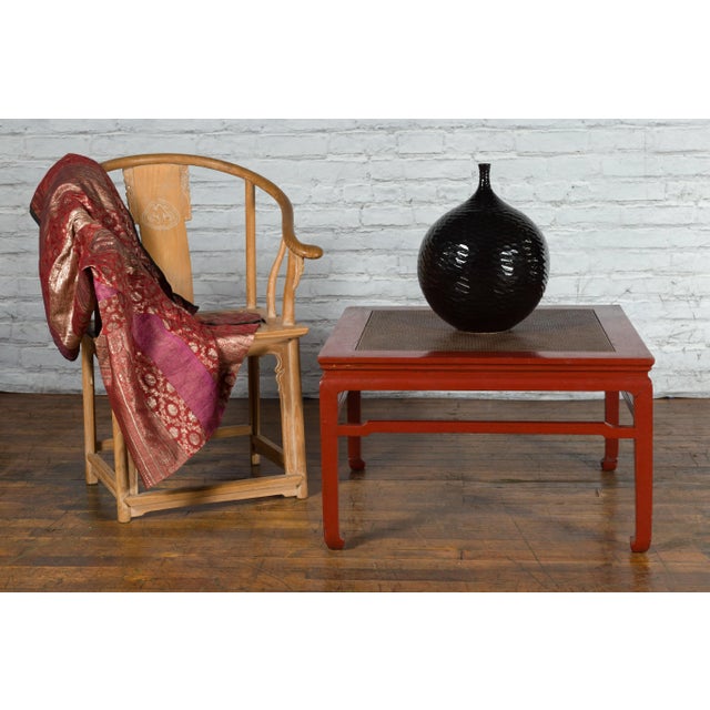 Red Early 20th Century Chinese Red Lacquer & Hand-Woven Rattan Top Coffee Table For Sale - Image 8 of 13