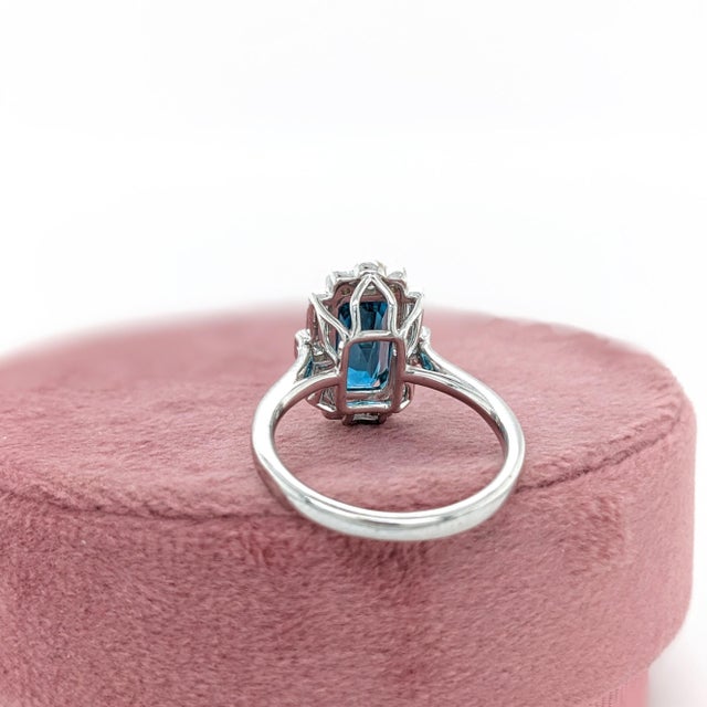 4.7ct Blue Zircon Ring with Earth Mined Diamonds in Solid 14k White Gold Emerald Cut Size 6.75 For Sale In Columbus - Image 6 of 8