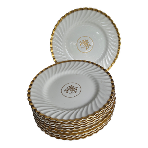 Elegant Set of Antique Mintons Porcelain Dinner Plates With 22k Gold Fluted Edge - Set of 10