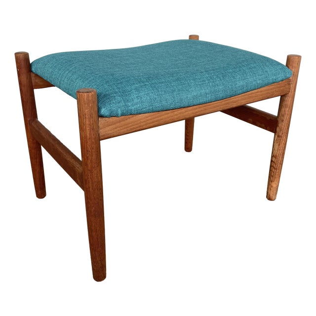 Mid-Century Modern Danish Teak Stool with Blue Upholstered Seat, 1960s For Sale