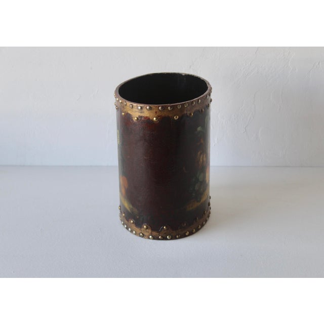 Black English Style Arts & Craft Tole Hand Painted Fruit Still Life Oval Wastebasket Nailhead Detail Vintage Mid-Century For Sale - Image 8 of 13