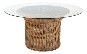 Vintage Round Wicker and Glass Side Table, France 1960s