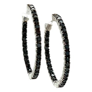 1.73 Carat Black Diamond 14 Karat White Gold Hoop Earrings, A Pair For Sale