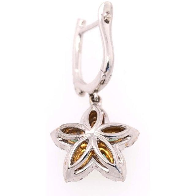 Metal 18 Karat White and Yellow Gold Emerald and Diamond Flower Drop Earrings For Sale - Image 7 of 10