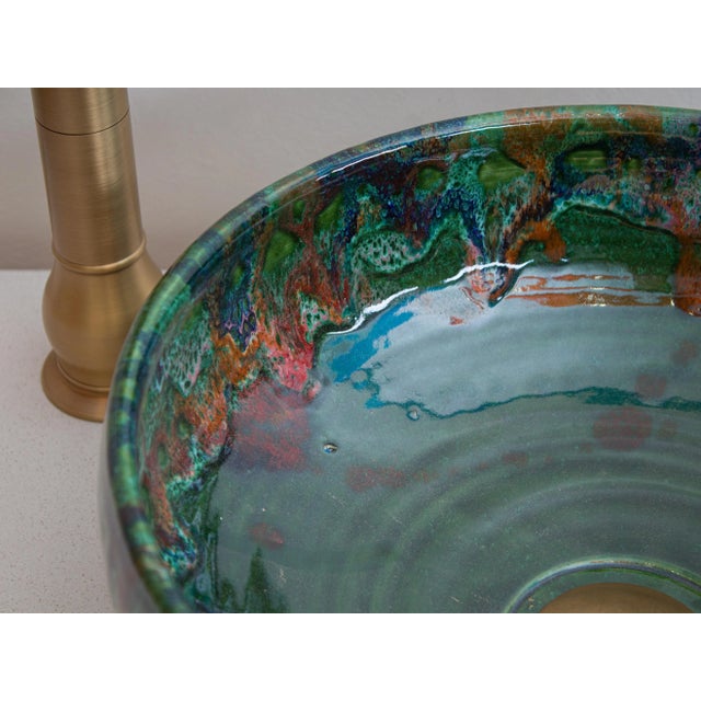 2020s Handmade Green Ceramic Round Bathroom Sink - TerraFez For Sale - Image 5 of 11