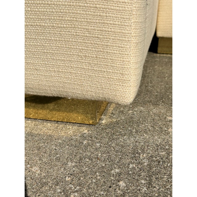 1970's Cream Wool Sectional Sofa on Polished Brass Plinth Base With Ottoman For Sale - Image 11 of 17