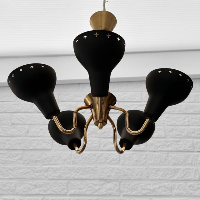 Scandinavian Modernist Five Arms Chandelier in Steel and Brass, Sweden, 1950s For Sale - Image 4 of 13