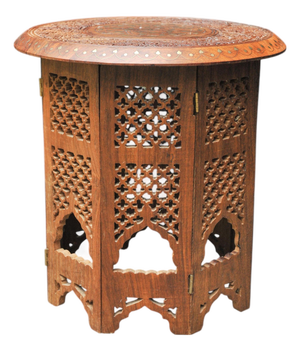 Antique Middle Eastern Circular Carved Table with Repetitive Brass Floral Patterns, 1890s